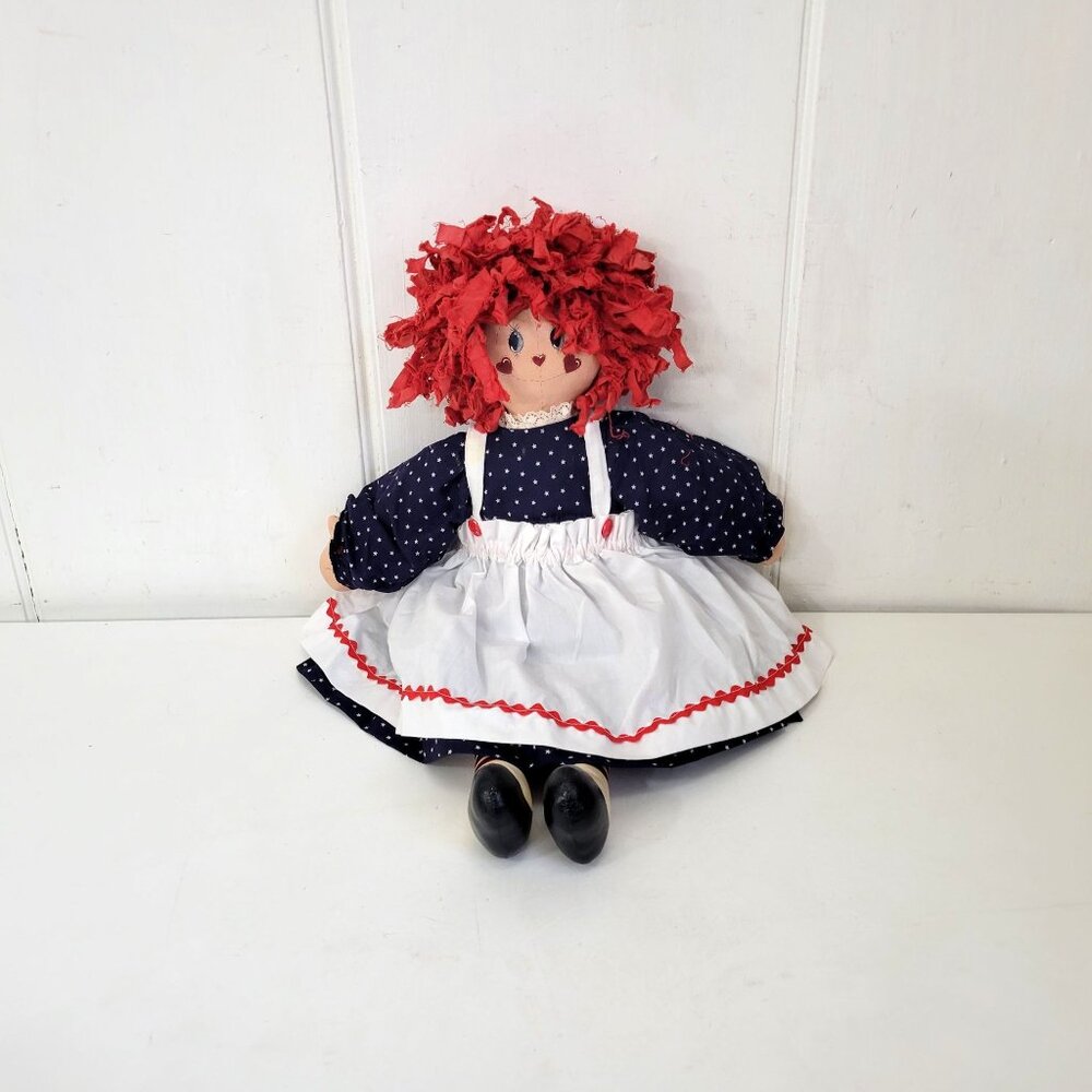 Handmade Rag Doll With Red Hair Navy Polka Dot Dress White Apron And Painted Sho - Picture 5 of 8